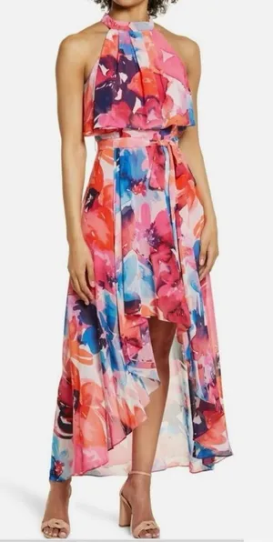 Eliza J Floral Halter Neck Popover Floral Maxi Dress Pink Multi Mock Size 10 thumbnail 1