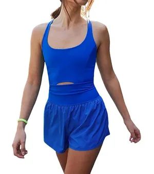 Womens Royal Blue Activewear Romper Runsie Cutout Crisscross Back Medium thumbnail 1
