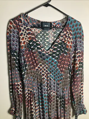 Maeve Multicolored Fan-Print V-Neck Long Sleeve Dress thumbnail 2
