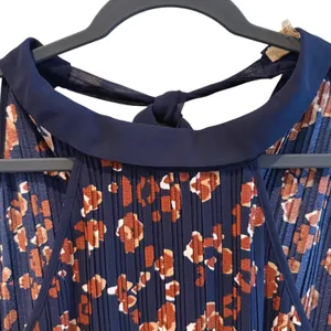 Entro Halter Blouse Navy Blue Floral‎ Pleated Boho Sleeveless Women Large thumbnail 3