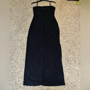 Y2K Black Maxi Dress Med. Rhinestone Spaghetti Strap Prom 90s NOS PS PerSeption thumbnail 3