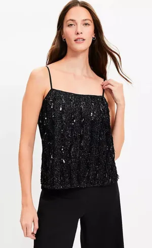Loft Sequin Fringe Square Neck Cami Black Party Top‎ Evening Glam Size Large thumbnail 1
