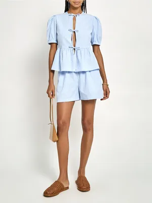 NWT Few Moda Una Set size XS Blue white gingham plaid shorts tie front top Kourt thumbnail 4