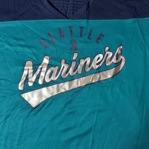 Majestic Seattle Mariners Women Large Navy Teal V-Neck Mesh Jersey T-Shirt NEW thumbnail 2