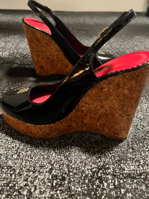Womens 36 CH Carolina Herrera black slingback high cork platform wedge heel thumbnail 6