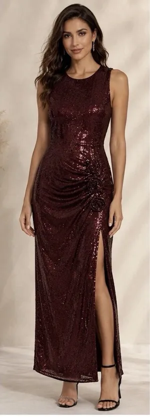 Avec Les Filles Burgundy Sequin-Embellished Crewneck Sleeveless Dress Size 6 thumbnail 1