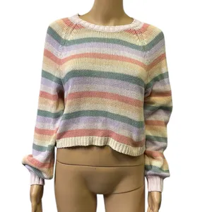American Eagle Cropped Pastel Rainbow Striped Cotton Acrylic Knit Sweater XS thumbnail 2