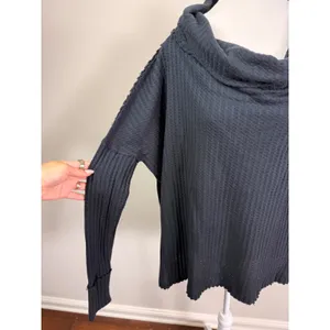 Free People Black Cowl Neck Waffle Knit Split Back Thermal Top Small P NEW thumbnail 4