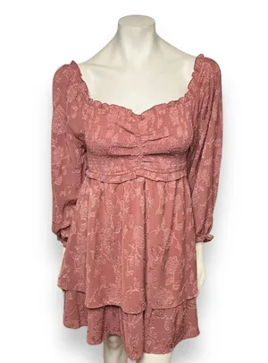 Pink Lily | Textured Floral Long Sleeve Cinched Bust Smocked Mini Tiered Dress L thumbnail 7