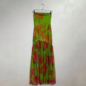 Green Floral Strapless Backless Sheer Mesh Side Slit Maxi Dress Sz S thumbnail 2
