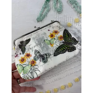 Vintage Style Butterfly‎ Floral Kiss Lock Frame Bag Cream Crossbody Chain Strap thumbnail 6