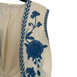 Amazon Like Zara Vest Cream Blue Floral Embroidered Bohemian Western Vest Size M-L thumbnail 2