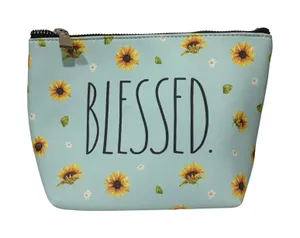 Rae Dunn Blessed Sunflower Cosmetic Makeup Bag Aqua Blue Floral Pouch thumbnail 1