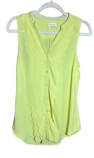 Meadow Rue Lime Green Scalloped Sleeveless Button‎ Down Blouse Size 4 Neon Top thumbnail 1
