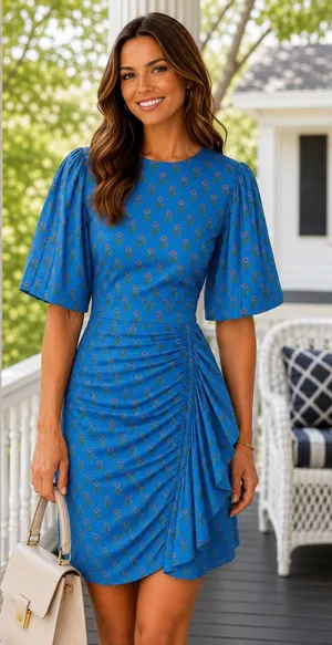 AUREUM Ruched Sash Blue Floral Mini Dress Puff Sleeves Ruching Ruffle Small thumbnail 1