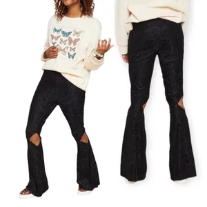NWT Earthbound Trading Co Womens Pants Black Cut Out Knee Velvet Flare Size XXL thumbnail 2