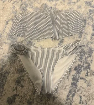 Striped Bandeau Bikini Set in White and Navy thumbnail 1