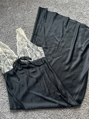Black Satin Maxi Dress with Cream Lace Bodice thumbnail 2