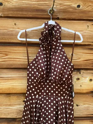 IEENA FOR MAC DUGGAL Size 2 Brown Polka Dot A-Line Halter Gown Rosette FLAWS thumbnail 8