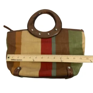 Fossil Multi Colored Striped Leather Trim Wood Handle Satchel Purse thumbnail 11