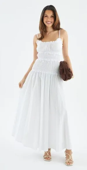 NWOT FARM RIO Cotton Sleeveless Rushed Bodice Midi Dress White Sundress Size S thumbnail 1
