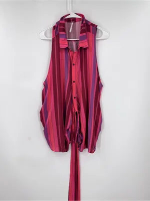 Free People Sleeveless Striped Button-Front Tie-Hem Top in Pink & Purple thumbnail 3