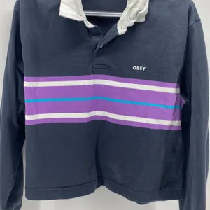 OBEY Riley LS Polo purple cropped oversized striped rugby 100% cotton size XL thumbnail 4