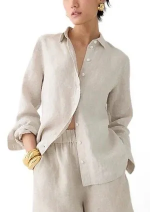 J. CREW Baird McNutt Irish Linen Button Shirt Khaki Coastal Beige Preppy Size 4 thumbnail 1