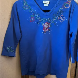 Distinct Blue Holiday V-Neck Top with Rhinestone Santa thumbnail 1