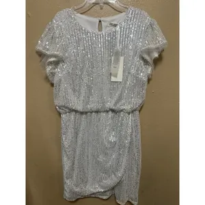 Grace Kari‎ Women Silver Sequin Tulle Flutter Sleeve Ruched Waist Party Dress L thumbnail 6