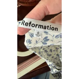 Reformation Fauna Floral Midi Dress Button Front Cap Sleeve‎ Cream Blue Size 0 thumbnail 4