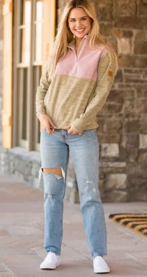 Simply Southern khaki and pink courdoroy and fleece pullover size large NWT thumbnail 1