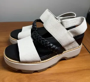 NEW SOREL Joanie IV Slingback Wedge Sandal Heel 7.5‎ Platform Cream Chalk Black thumbnail 1