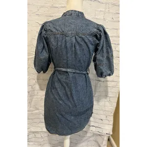 Rebellion denim puff sleeve button down short shirt dress with a tie waist S thumbnail 4