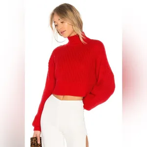 Lovers + Friends‎ Revolve Union Red Chunky Knit Cropped Mockneck Sweater size L thumbnail 3