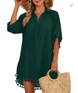 NWT ~ Women's Dark Green Tassel Shirt Swimsuit Cover-Up Bathing Suit Dress ~ XL thumbnail 1