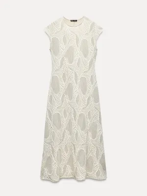 Zara Textured Cream & Beige Abstract 3D Knit Cap Sleeve Midi Dress Size Small thumbnail 9
