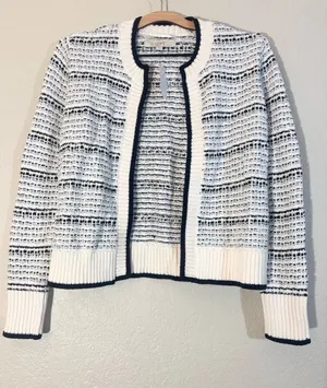 NWT Loft Blue White Stripe Tweed Textured Open Ribbed Cardigan Size S thumbnail 1