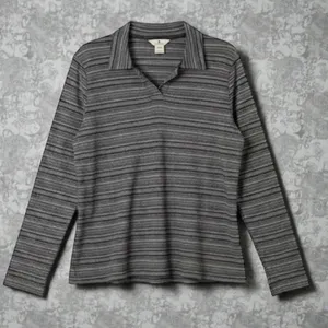 Woolrich Womens XL Grey Striped Long Sleeve‎ Polo Shirt Collared Heritage Style thumbnail 2