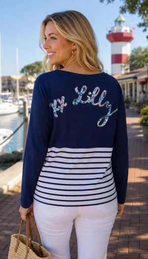 Lilly Pulitzer Finn Top Navy White Striped Lobster‎ Graphic Long Sleeve Shirt L thumbnail 1