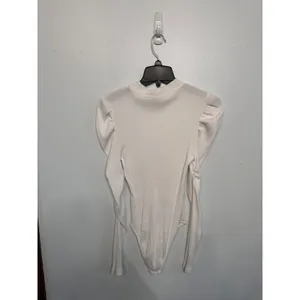 SHEIN Womens White Ribbed Mock Neck Puff Shoulder Long Sleeve Bodysuit Large thumbnail 2