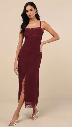 NWT Lulus Veanna Burgundy Textured Lace Button-Front Midi Dress Party Size S thumbnail 1