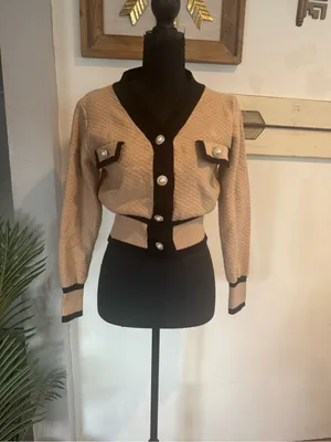 Womens Beige Contrast Trim Button Cardigan Blazer Tan Size XL thumbnail 3