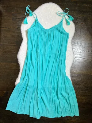 M&S Collection Turquoise Blue Crinkle Sundress Tassel Ties Size 16 thumbnail 1