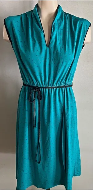 Vintage 70s Teal Mod Dress Abstract Print Cinched Waist Small thumbnail 1
