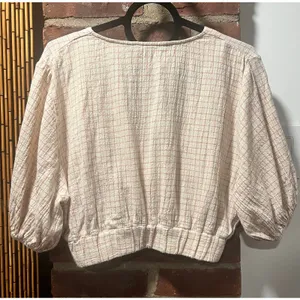 Zara 90s Minimal Plaid Wrap Crop Top Puff Sleeve Blouse S thumbnail 4