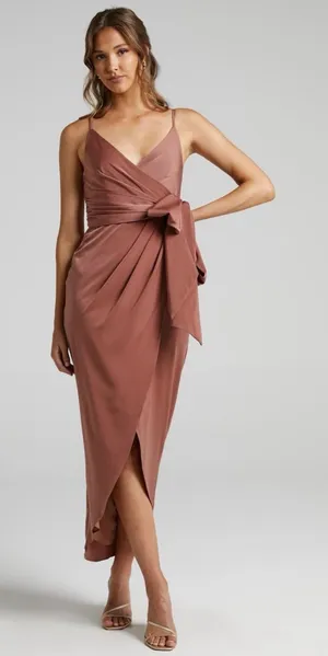 Showpo. How Will I Know Wrap Waist Tulip Hem Midi Dress Dusty Rose US 6 NWT thumbnail 1