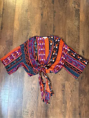 PATRONS OF PEACE by Anthropologie, boho floral, front tie shrug, size M thumbnail 3