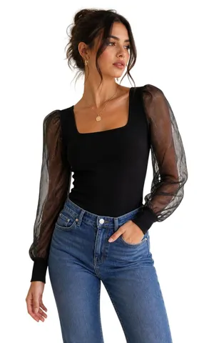 House of Harlow 1960 Black Sheer Sleeve Top Square Neck Knit M thumbnail 1