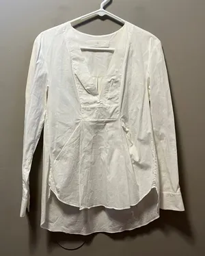 Thakoon Addition Stretch‎ Cotton Top White V-Neck 2 Long Sleeve Pleats thumbnail 1